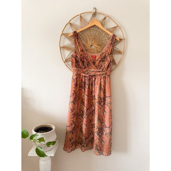 Sundance Silk Orange Brown Green Fall Autumn Paisley Y2K Midi Dress SIZE 8 - Picture 1 of 10